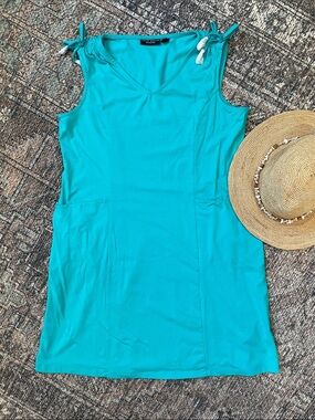 Susan Graver Weekend Cotton Dress Turquoise Sleeveless Pockets L